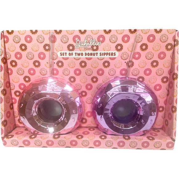 Donut Sipper Cups Set of 2 Metallic Pink & Purple Party Birthday Drink Tumblers - Picture 1 of 2